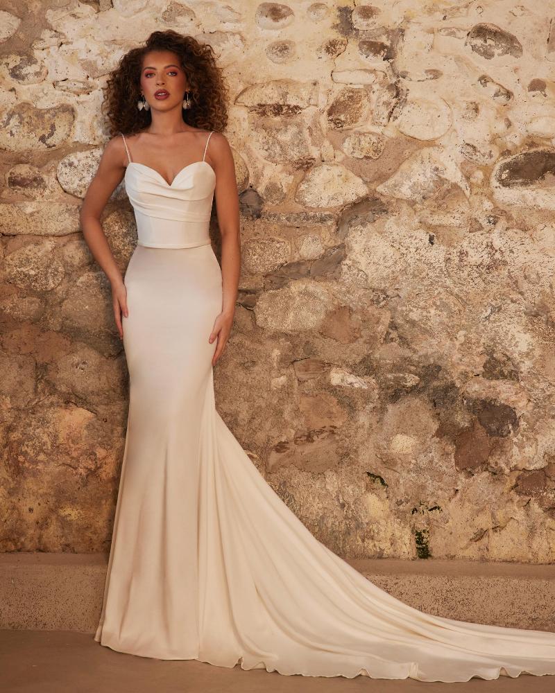 Lp2232 fitted satin wedding dress with buttons down the back and cape4